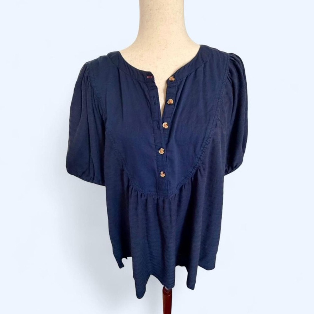 Anthropologie Navy Blue Boho Prairie Peasant Lagenlook Puff Sleeve Top Sz Large
